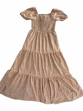 Women’s M Tiered Puff Sleeve Summer Maxi Dress Light Brown, pockets